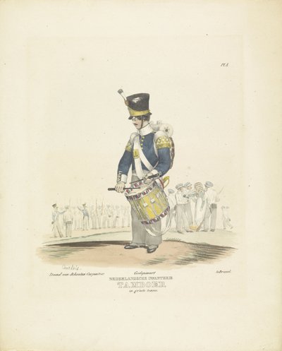 Baterista en uniforme completo Baterista de gala, 1820-1825 infantería holandesa. Baterista en uniforme completo (título sobre objeto) Trajes militares del Reino de los Países Bajos. Dedicado a Su Excelencia Willem van Bylandt (título de serie en objeto de A. Courtois