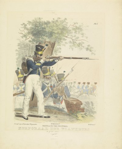 Flankeur con gran uniforme, 1820-1825 infantería holandesa. Cabo der Flankeurs con gran uniforme (título sobre el objeto) Trajes militares del Reino de los Países Bajos. Dedicado a Su Excelencia Willem van Bylandt (título de la serie en el objeto) de A. Courtois