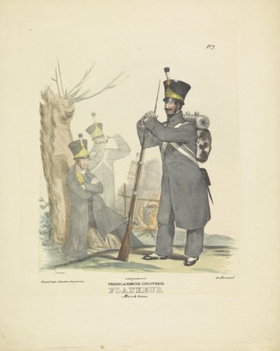 Flanco en traje de marcha, 1820-1825 infantería holandesa. Uniforme Flankeur Marsch (título sobre objeto) Trajes militares del Reino de los Países Bajos. Dedicado a Su Excelencia Willem van Bylandt (título de la serie en el objeto) de A. Courtois