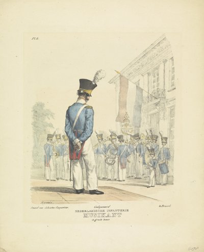 Músico en uniforme completo Músico de gala, 1820-1825 Nederlandsche Infanterie Musikant en gran uniforme (título sobre objeto) Trajes militares del Reino de los Países Bajos. Dedicado a Su Excelencia Willem van Bylandt (título de serie en obj de A. Courtois