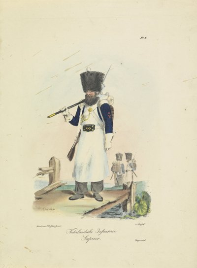 Zapador, 1820-1825 infantería holandesa. sapeur (título sobre objeto) Trajes militares del Reino de los Países Bajos. Dedicado a Su Excelencia Willem van Bylandt (título de la serie en el objeto) de A. Courtois