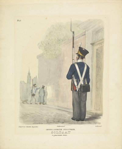 Soldado con traje de guarnición, 1820-1825 infantería holandesa. Soldado con uniforme de guerrillero (título sobre objeto) Trajes militares del Reino de los Países Bajos. Dedicado a Su Excelencia Willem van Bylandt (título de la serie en el objeto) de A. Courtois