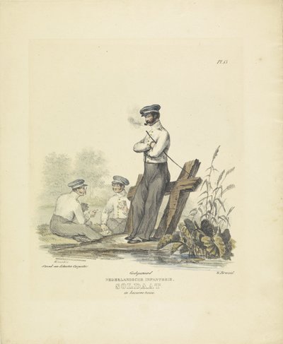 Soldado con uniforme de cuartel, 1820-1825 infantería holandesa. Soldado con traje de Kaserne (título sobre el objeto) Trajes militares del Reino de los Países Bajos. Dedicado a Su Excelencia Willem van Bylandt (título de la serie en el objeto) de A. Courtois