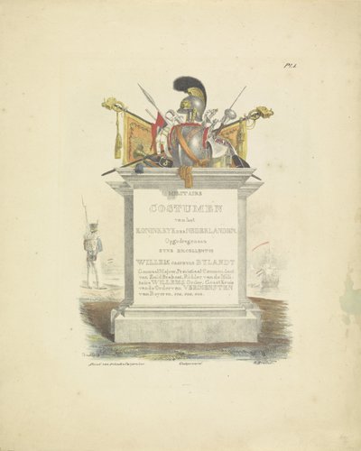 Impresión de título para la serie de uniformes del Reino de los Países Bajos, 1820-1825 Trajes militares del Reino de los Países Bajos. Dedicado a Su Excelencia Willem van Bylandt (título de la serie en el objeto) de A. Courtois