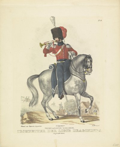 Trompetista en uniforme completo Trompetista con gran uniforme, 1820-1825 caballería holandesa. Trompetista de los Dragones Ligte. en uniforme completo (título en el objeto) Trajes militares del Reino de los Países Bajos. Dedicado a Su Excelencia Guillermo de A. Courtois