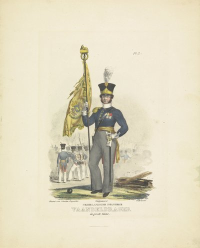 Portaestandarte con uniforme completo, 1820-1825 infantería holandesa. Portaestandarte con uniforme grande (título sobre el objeto) Trajes militares del Reino de los Países Bajos. Dedicado a Su Excelencia Willem van Bylandt (título de la serie en el objeto de A. Courtois