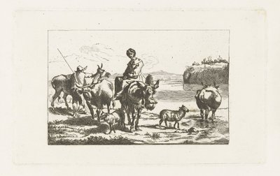 Paisaje con pastora en mula y pastor con vacas de A. Dickhof (signed by artist)