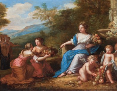 Ceres sentada con putti presentando fruta. (óleo sobre lienzo) de A. Diennen