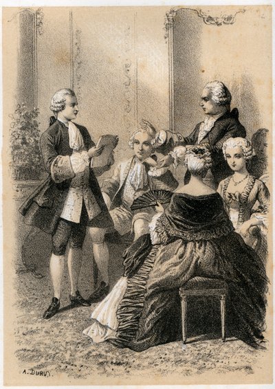 Antoine-Marin Lemierre leyendo Hypermnestra a Jean-Baptiste Vivien de Chateaubrun, ilustración de 