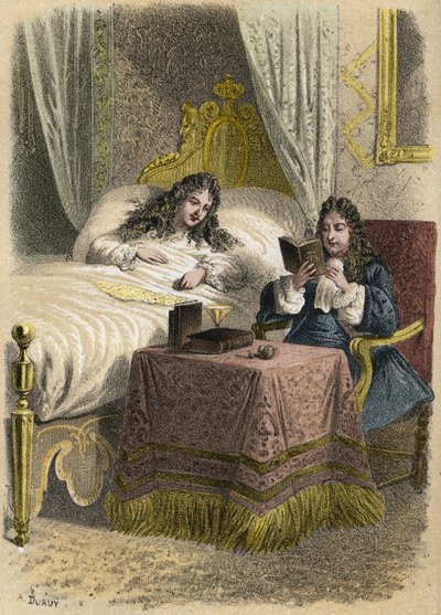 Luis XIV Rey de Francia gustaba de escuchar a Jean Racine leer y lo traía cuando estaba enfermo. Grabado por A. Duruy en “Illustrations litteraires de la France; or, Galerie anecdotique de nos principaux auteurs ints par leurs actions et leurs inscriptions de A. Duruy