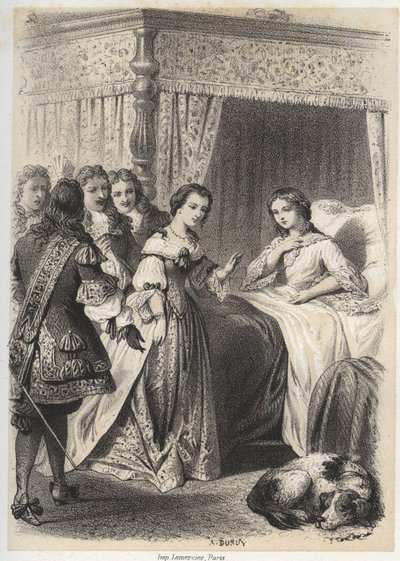 Madame Deshoulières, Antoinette Ligier de La Garde (1637-1694) abrumada con preguntas por su entorno después de una noche pasada con el miedo al fantasma. Grabado por A. Duruy en "Ilustraciones literarias de Francia; o, Galería anecdótica de nuestros pr de A. Duruy