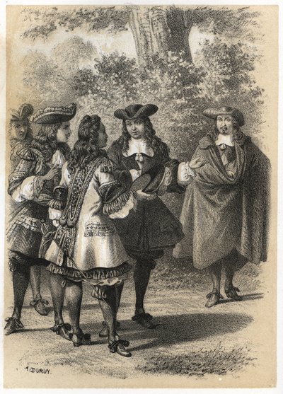 Encuentro en París entre Jean Racine (1639-1699) y Pierre Corneille (1606-1684). Grabado por A. Duruy en “Illustrations litteraires de la France; or, Galerie anecdotique de nos principaux auteurs ints par leurs acciones et leurs inscriptions” de J.B. de A. Duruy