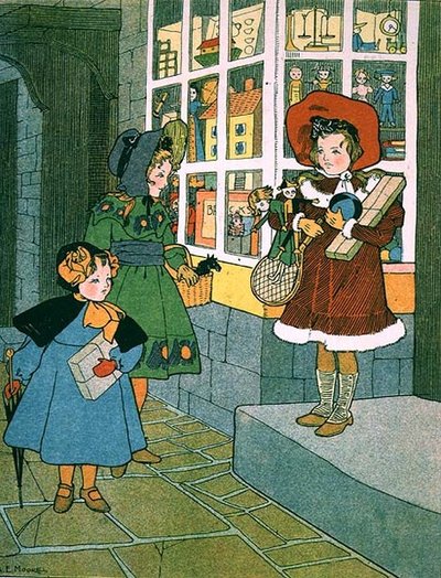 Una visita a la tienda de juguetes, página de un libro infantil ilustrado de A. E. Moore