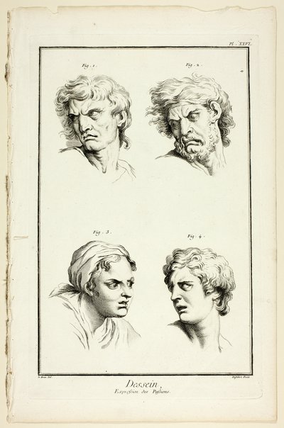 Dibujo: Expresiones de la emoción (odio o celos, ira, deseo, dolor físico), de Encyclopédie de A. J. Defehrt