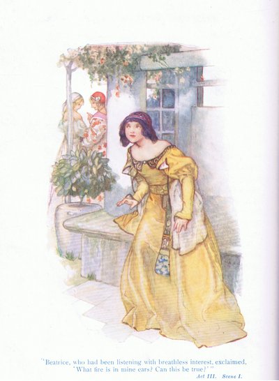 Beatriz, que había estado escuchando con interés sin aliento, exclamó "¿Qué fuego hay en mis oídos, puede ser esto verdad?" (Mucho ruido y pocas nueces), de Cuentos de Shakespeare publicado por Ward Lock & Co Ltd de A. Jackson
