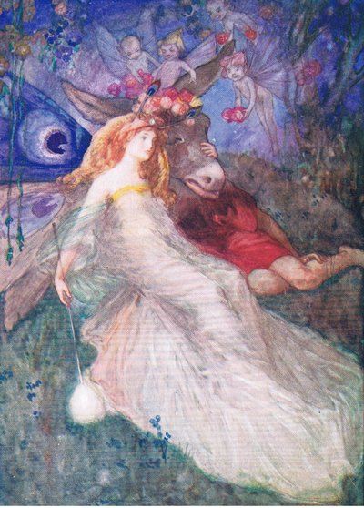 Bottom y la Reina de las Hadas (Sueño de una noche de verano), de Cuentos de Shakespeare publicado por Ward Lock & Co Ltd, 1930-40s de A. Jackson