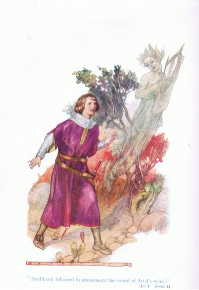 Ferdinand siguió asombrado el sonido de la voz de Ariel (La tempestad), de Cuentos de Shakespeare pub. por Ward Lock & Co Ltd de A. Jackson