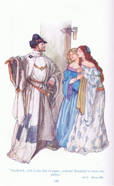 Federico con mirada de enojo, ordenó a Rosalind que abandonara el palacio (Como gustéis), de Cuentos de Shakespeare pub. por Ward Lock & Co Ltd de A. Jackson