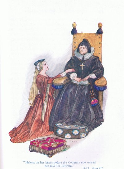 Helena de rodillas ante la condesa confesando su amor por Bertram (Bien está lo que bien acaba), de Tales from Shakespeare de A. Jackson