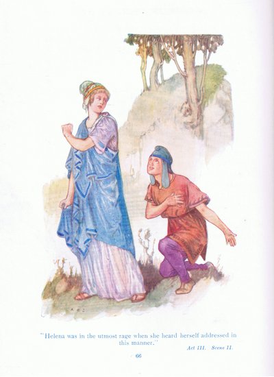 Helena estaba en la mayor rabia cuando se oyó a sí misma dirigida de esta manera (Sueño de una noche de verano), de Cuentos de Shakespeare pub. por Ward Lock & Co Ltd de A. Jackson