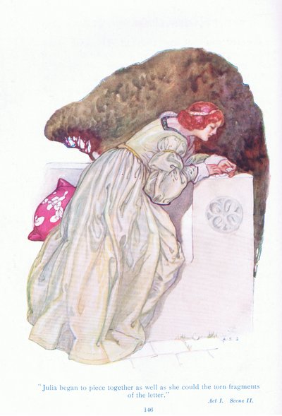 Julia comenzó a juntar lo mejor que pudo los fragmentos rotos de la carta (Dos caballeros de Verona), de Cuentos de Shakespeare pub. por Ward Lock & Co Ltd de A. Jackson