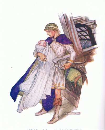 Pericles tomó al recién nacido en sus brazos (Pericles, príncipe de Tiro), de Cuentos de Shakespeare pub. por Ward Lock & Co Ltd de A. Jackson