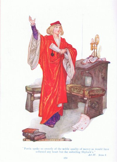 Portia habló tan dulcemente de la noble calidad de la misericordia que habría ablandado cualquier corazón excepto el insensible de Shylock (El mercader de Venecia), de Cuentos de Shakespeare pub. por Ward Lock & Co Ltd de A. Jackson