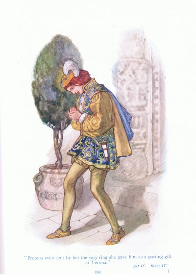Proteo incluso le envió el mismo anillo que ella le dio como regalo de despedida en Verona (Dos caballeros de Verona), de Cuentos de Shakespeare publicado por Ward Lock & Co Ltd de A. Jackson