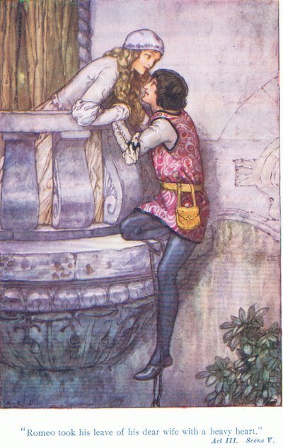 Romeo se despidió de su querida esposa con el corazón pesado (Romeo y Julieta), de Cuentos de Shakespeare pub. por Ward Lock & Co Ltd de A. Jackson