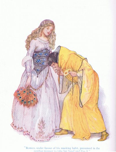 Romeo, bajo el favor de su hábito de máscara, se atrevió de la manera más gentil a tomar su mano y besarla (Romeo y Julieta), de Cuentos de Shakespeare publicado por Ward Lock & Co Ltd de A. Jackson
