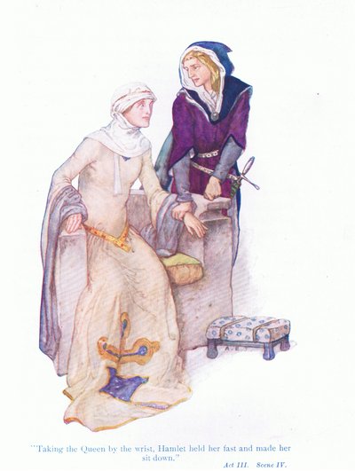Tomando a la Reina por la muñeca, Hamlet la sostuvo firmemente y la hizo sentarse (Hamlet), de Cuentos de Shakespeare publicado por Ward Lock & Co Ltd, 1930-40s de A. Jackson