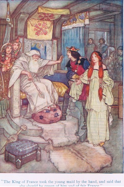 El rey de Francia tomó a la joven doncella de la mano y dijo que ella sería reina de él y de la bella Francia (Rey Lear), de Cuentos de Shakespeare pub. por Ward Lock & Co Ltd de A. Jackson