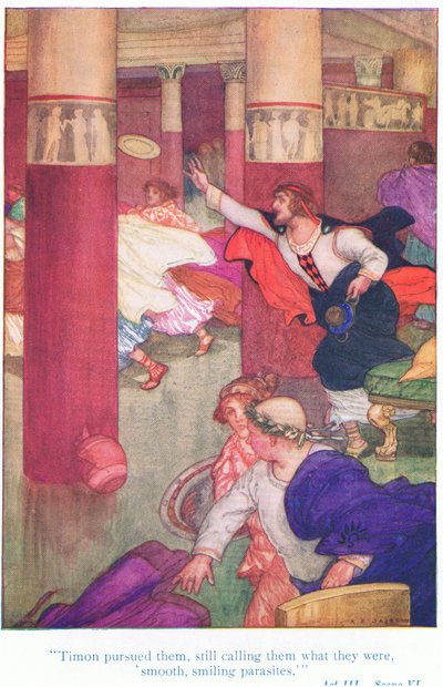 Timon los persiguió, llamándolos aún lo que eran, parásitos suaves y sonrientes (Timón de Atenas), de Cuentos de Shakespeare pub. por Ward Lock & Co Ltd de A. Jackson