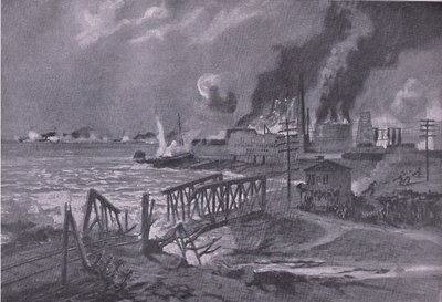 Destrucción de un astillero en Bari (Italia) por destructores de torpedos austrohúngaros, de La Historia Ilustrada de la Primera Guerra Mundial 1914-1915 publicada por Union Berlagsefellfchaft de A. Kircher