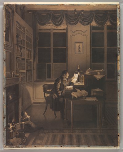 Dibujo, Interior con un hombre leyendo en su escritorio, 1827 de A. L. Leroy