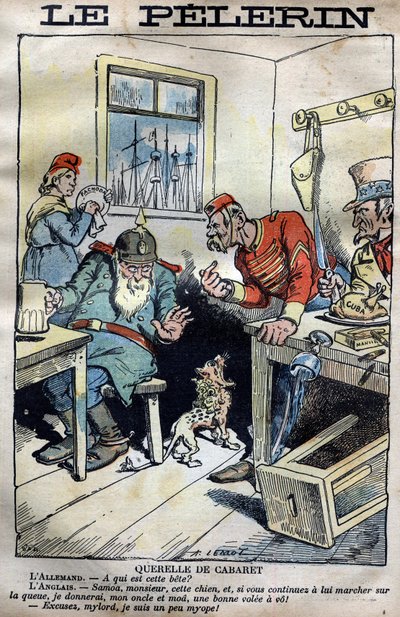 Cabaret Querelle: Caricatura sobre las guerras coloniales entre Inglaterra, Alemania, Francia y Estados Unidos en torno a la situación en Fachoda en África. Grabado por Lemot en “le Pèlerin” del 23 de abril de 1899 (La crisis de Fachoda: grave incidente di de A Lemot