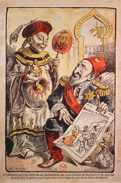 Caricatura que indica la hipocresía y los dobles estándares de Europa Occidental en su crítica y comportamiento hacia China y el Imperio Otomano de A Lemot