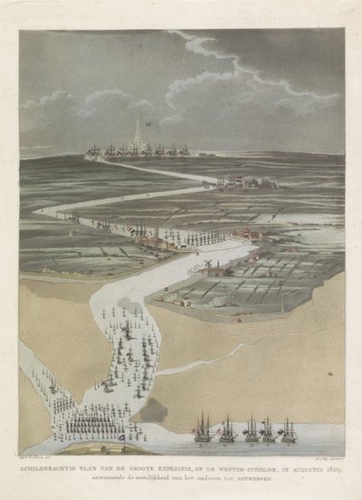 Expedición británica a Amberes, 1809 Plano pintoresco de la gran Expedición, en el Escalda Occidental, en agosto de 1809. mostrando la dificultad de acercarse a Amberes (título sobre el objeto) de A. Lutz