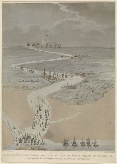 Vista de pájaro del Escalda occidental con flotas inglesa, holandesa y francesa, 1809 Plano pintoresco de la gran expedición, en el Escalda occidental en agosto de 1809 (título sobre objeto) de A. Lutz