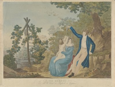 Padres con hijos en un paisaje otoñal El otoño. Cómo nos han dado Kragt y Rypheid (título sobre el objeto) de A. Lutz