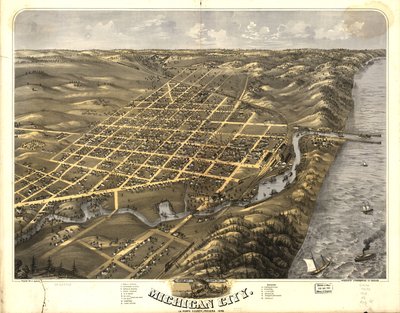 Vista de pájaro de Michigan City, Condado de La Porte, Indiana 1869. de A.; MerchantS Lithographing Company Ruger