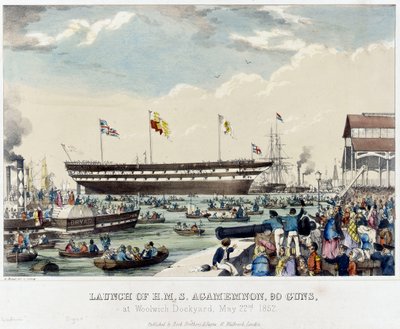 Botadura del HMS "Agamemnon", 90 cañones, en los astilleros de Woolwich, 22 de mayo de 1852. de A. Pernet