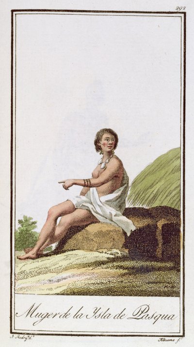 Una mujer de la Isla de Pascua, grabado por Albuerne, 1799 de A. Rodriguez