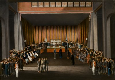 Corte de justicia china en el salón de la fábrica británica en Cantón, 9 de abril de 1807, c.1810 de A. Roland Knight
