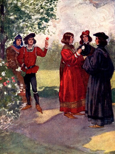 ...Los nobles arrancaron rosas rojas o blancas y las pusieron en sus gorras, siglo XV, 1905 de A. S. Forrest