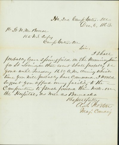Carta firmada A.S. Norton, Comandante Mayor, Cuartel General, Campamento Yates, Ill., al Primer Teniente W.M. Breese, 16º de Infantería de EE. UU., Campamento Gates, Ill., 6 de diciembre de 1863 de A. S. Norton