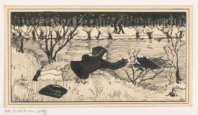 Una niña intenta rescatar a su perro de un wakak de A. Tinbergen (signed by artist)