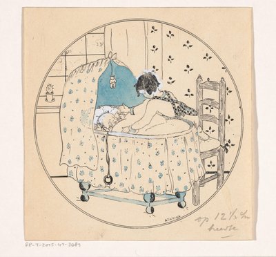 Una niña quiere levantar a su bebé de la cuna de A. Tinbergen (signed by artist)