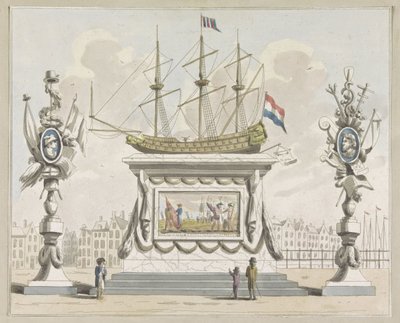 Comercio y navegación, decoración en el Nieuwmarkt, 1795 Diez platos de las decoraciones en Alliantiefeest en Amsterdam en 1795 (título de la serie) de A. Verkerk