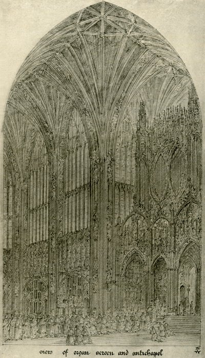 Dibujo arquitectónico: vista de la pantalla del órgano y la antecapilla de A. W. N. Pugin
